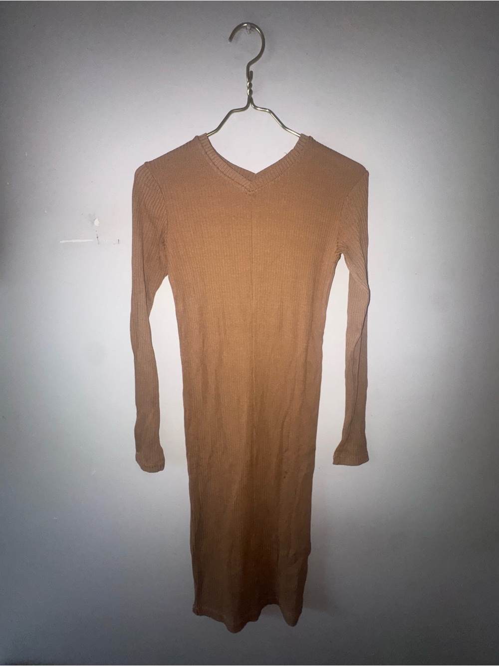 H&M Women's Long Sleeve Ribbed V-Neck Dress - Tan
